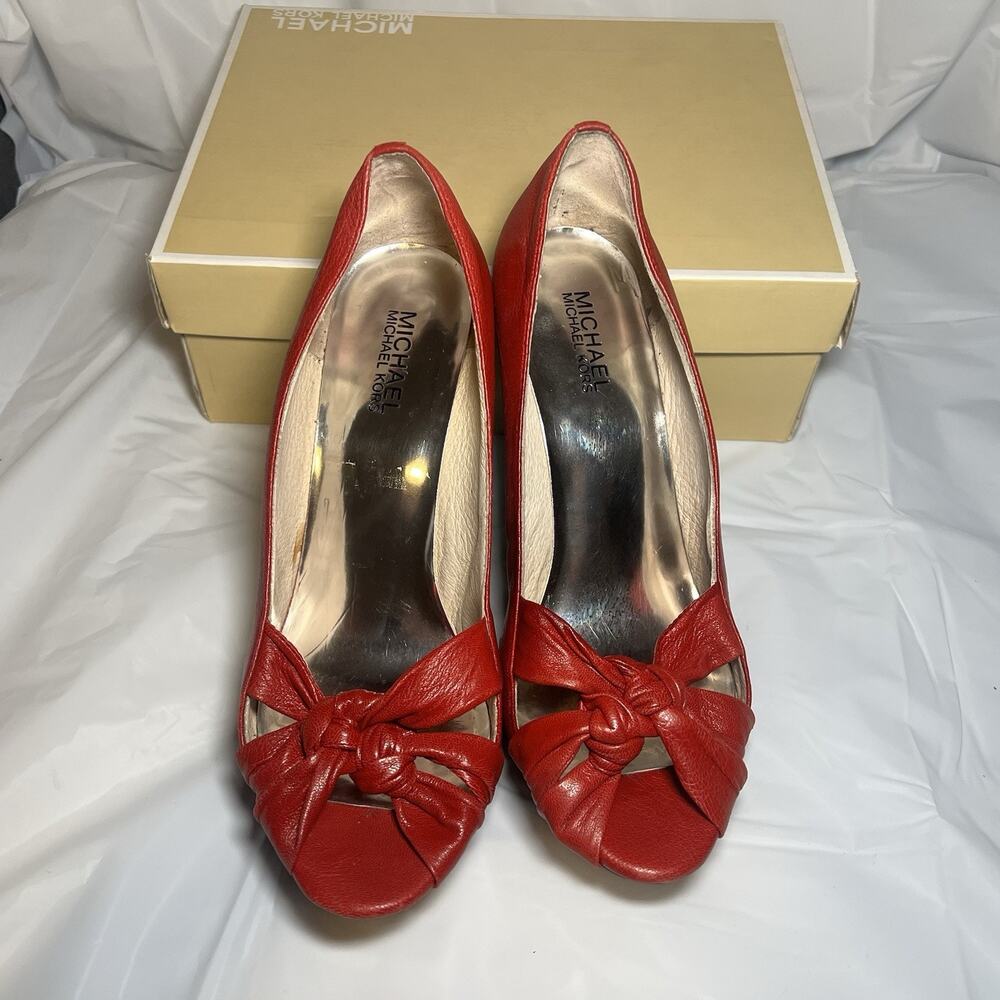 Michael Kors Womens Red Leather Twisted Knot Peep Toe Platform Heels Size 10M - Picture 2 of 11